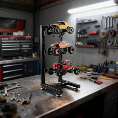 Multilayer Storage Rack Shelf Display Stand for RC Model Cars | Quick assembly, multi-scale fits for 1/10-1/24 TRX4 SCX10 TRX4M SCX24, expandable side holes for hanging RC tools - size: 7.87" x 9.45" x 23.62"