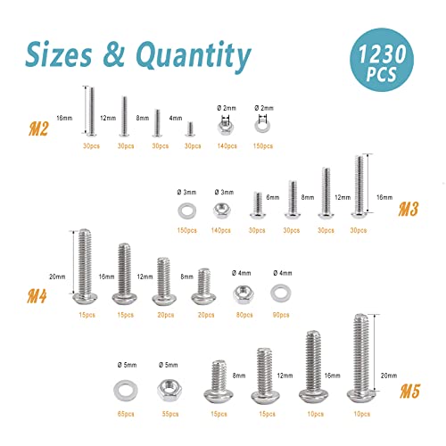 KADRICK 1230PCS Metric Screw Aassortment Kit,Stainless Steel M2-M5 Bolts | M2 M3 M4 M5 304 Stainless Steel,Length From 4MM-20MM,Hex Socket Button Head Screws Nuts Washers Kit with Hex Wrench - size: SS M2-M5 1230Pcs