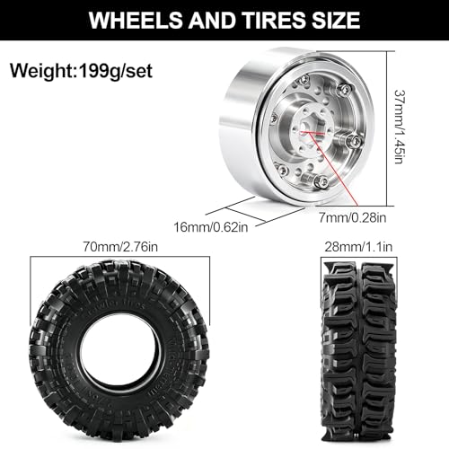 1.3" Beadlock Wheels and Tires for SCX24 TRX4M RC Crawler (Silver) | CNC Aluminum Beadlock Wheels, Ultra-Soft Sticky Rubber Tires, Built-in Foam Inserts, 70*28mm - color: Silver 370 F