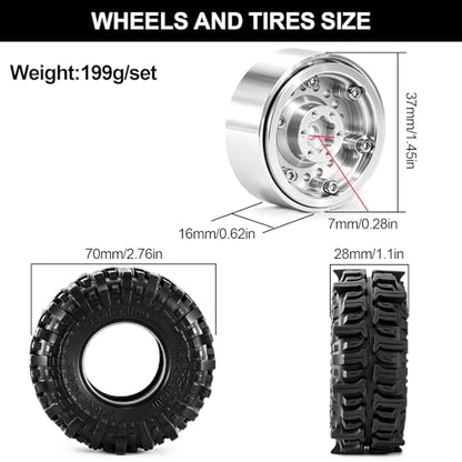 1.3" Beadlock Wheels and Tires for SCX24 TRX4M RC Crawler (Silver) | CNC Aluminum Beadlock Wheels, Ultra-Soft Sticky Rubber Tires, Built-in Foam Inserts, 70*28mm - color: Silver 370 F
