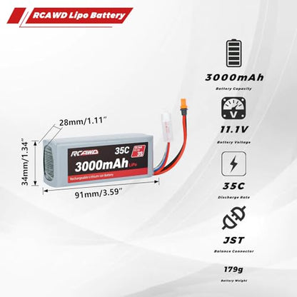 RCAWD 11.1V Lipo Battery 3S 35C 3000mAh with JST Plug IC2 Connector 3S 11.1V 1.6A Charger for Arrma Grom Mojave Typhon BLX Series Upgrades Part