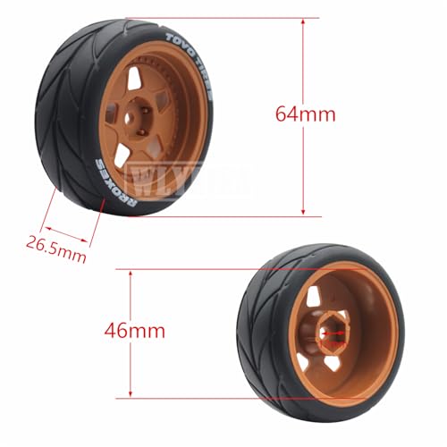 4PCS RC 1/10 On-Road Tires 65mm RC Rubber Tires w/Plastic Wheel Rim 12mm Hex Fit for 1/10 RC On-Road Rally Car HPI Tamiya TT01 TT02 Kyosho Wltoys 144001 - color: Brown 1