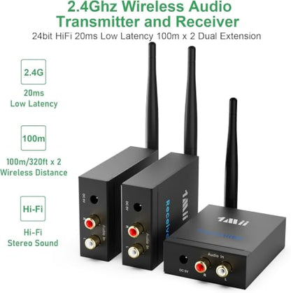 1Mii 2.4GHz (1 TX + 2 RX) Wireless Audio Transmitter and Receiver Set | 20ms Ultra Low Delay with RCA In/Out, 320FT Long Range for TV PC CD Player Powered Speaker, 2 Receivers for 2 Powered Speaker - size: 3 in 1