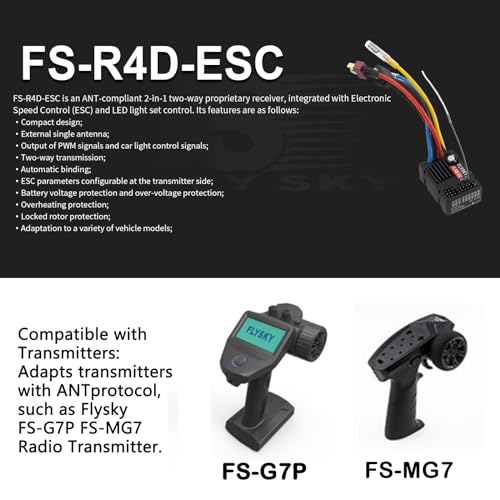 GoolRC Flysky FS-R4D-ESC Receiver, 2 in 1 2.4GHz 4CH Receiver with Speed and LED Control, ANT Protocol PWM Output Compatible with FS-G7P Radio Transmitter for 1/10 RC Crawler On-Road Off-Road Truck