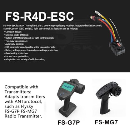 GoolRC Flysky FS-R4D-ESC Receiver, 2 in 1 2.4GHz 4CH Receiver with Speed and LED Control, ANT Protocol PWM Output Compatible with FS-G7P Radio Transmitter for 1/10 RC Crawler On-Road Off-Road Truck