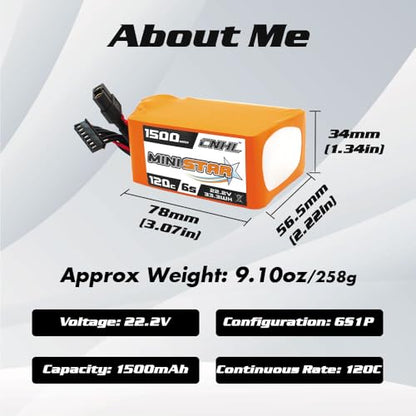 CNHL 1500mAh 6S LiPo Battery 22.2V 120C with XT60 Plug (2 Packs) | High discharge RC battery for FPV racing drones, freestyle quadcopters, RC helicopters, and airplane models.