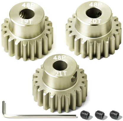 3PCS 48P Pinion Gear Set 7075 Aluminum Alloy 3.175mm Shaft 19T 20T 21T with Screws & Hex for 1/10 RC Arrma Traxxas HPI Sakura Losi Axial SCX10 Tamiya Monster Truck Buggy Motor Gears Upgrade - size: 19 20 21T