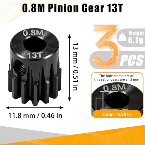 3-Pack Steel Metal 0.8M 5mm Pinion Motor Gear Sets 13T Compatible with HPI Kyosho Losi Axial Tamiya 1/8 1/10 RC Car Monster Truck Buggy, 0.8 Module Gear for Traxxsa Arrma - style: 3Pcs 13T
