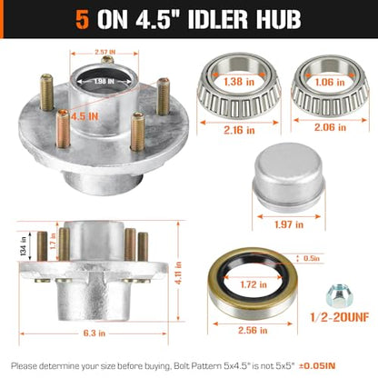 Aeagle 2 Sets 5 on 4.5" Bolt Circle Hot-Galvanized Idler Hub Kits for 3,500lbs Boat Trailer 1-1/16'' to 1-3/8'' Tapered Axle, Inner & Outer Cone Bearings