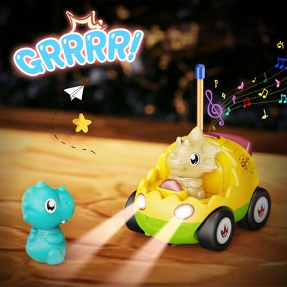 Kidz do 2 Pack Dinosaur Remote Control Cars for Toddlers 2 3 4 5 Years Old - Easter Birthday Gift Ideas for Boys Ages 2-5, Kids Dino Toys RC Vehicle with Lights and Music for Family Fun(Yellow Green) - color: Green&yellow