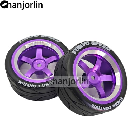 1/10 On Road Racing Tires And 5-Spoke Aluminum Wheels 12mm Hex OD 2.56" RC Touring Tyres For 1:10 Rally Street Drift Car Tamiya TT01 TT02 XV01 A959 PTG2 KYOSHO HSP Traxxas 4PCS (Purple) - color: Purple