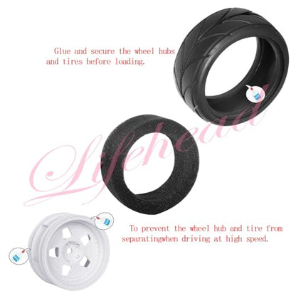 Lifehead 65mm On Road Rubber Tires& Wheels Rims 12mm Hex Hub for HPI Ken Block's Tamiya XV01 TT01 TT02B Kyosho FAZER MK2 Lc Racing PTG HSP RGT RC 3RACING D5 1/10 RC Rally Car - color: White 4