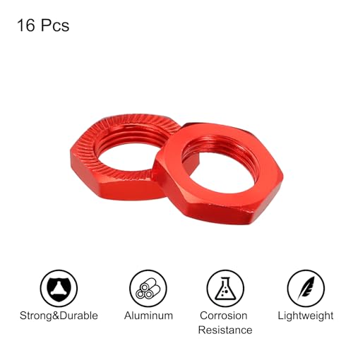 MECCANIXITY Aluminum 17mm RC Wheel Nut Thread M12x1.0mm Hex Wheel Nuts RC Wheel Nut for 1/8 RC Model Car Trucks Off Road Car Upgraded Parts Pack of 16(Red) - color: Red