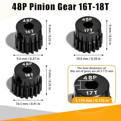 3PCS 48P Pinion Gear Set Hardened Steel 3.175mm Shaft 16T 17T 18T with Screws & Hex for 1/10 RC Arrma Traxxas HPI Kyosho Losi Axial SCX10 Tamiya Monster Truck Buggy Motor Upgrade Parts - size: 16 17 18T