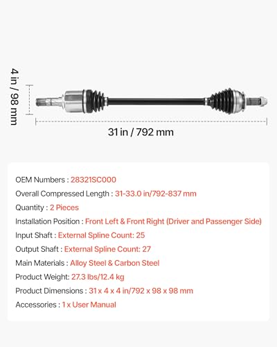VEVOR CV Axle Shaft Assembly, 2 Pieces Front Left & Right (Driver and Passenger Side), Automotive Replacement CV Joint Axles Pair Compatible with 2009-2013 Forester, Alloy Steel & Carbon Steel - size: 2009-2013 Forester, style: Front Driver and Passenger