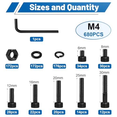 680Pcs M4 Screw Hex Socket Head Cap Bolt Kit 6-30mm 12.9 Alloy Steel | Black Zinc-Plated Metric Allen Bolts Nuts Flat Spring Washers Allen Wrench Assorted Hardware for DIY, 3D Printing Furniture - size: G12.9 M4 680PCS
