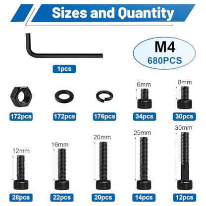 680Pcs M4 Screw Hex Socket Head Cap Bolt Kit 6-30mm 12.9 Alloy Steel | Black Zinc-Plated Metric Allen Bolts Nuts Flat Spring Washers Allen Wrench Assorted Hardware for DIY, 3D Printing Furniture - size: G12.9 M4 680PCS