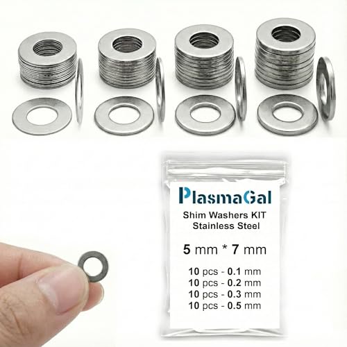 Shim Washers Stainless Steel 5x7 Precision Spacer Kit for Bearings Gearboxes CNC and RC Tuning Assortment 40 Pieces 10 Units x 0.1/0.2/0.3/0.5 mm Deburred Flat Tight Tolerance Professional Use - size: 5x7