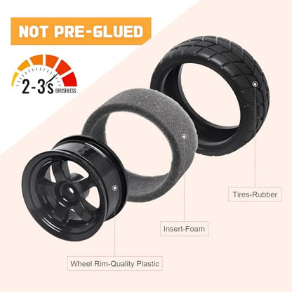 1/10 RC Touring Wheel Rims & Rubber Tires 12mm Hex Fit Traxxas 4tec 2.0 3.0 Tamiya Redcat Racing HPI HSP Exceed 1:10 Scale RC On-Road Racing Car, with Foam Inserts, Non-glued