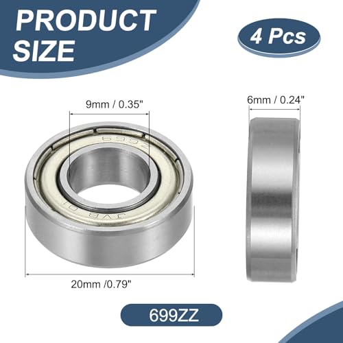 uxcell 4 Pack 699ZZ Deep Groove Ball Bearings, 9x20x6mm Chrome Steel Double Shield Bearing for Electric Motor, Home Appliances, Garden Machinery, (ABEC5) - size: 699ZZ