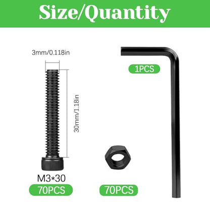 140Pcs M3 x 30mm Hex Socket Head Cap Screws Bolts, Carbon Steel, Black Oxide Finish, Allen Socket Drive, Full Threads,with Hex Spanner - size: M3 x 30-140Pcs-Silver