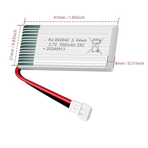 HAWK'S WORK 2 Pcs 3.7V Lipo Battery, 550 mAh Rechargeable Lithium Polymer Battery for RC Plane Helicopter Drone All Models & Toys (MX2.0 Connector) - size: 550mAh-MX2.0