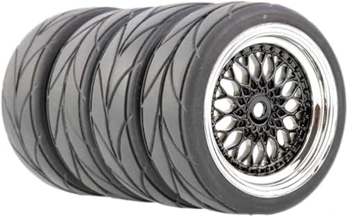 4PCS 64mm RC On Road Rubber Tires and Plastic Plating Wheel Rims Set Replacement Part for 1/10 RC Run-flating Touring Racing Drift Car Tyre(Black Silver,Offset:3mm) - color: Black/Silver, size: Offset:3mm