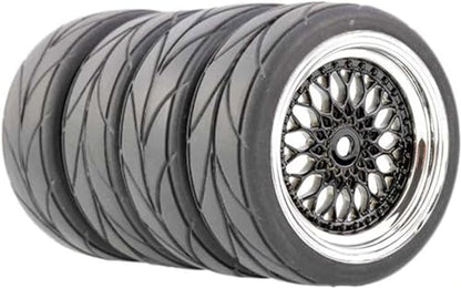 4PCS 64mm RC On Road Rubber Tires and Plastic Plating Wheel Rims Set Replacement Part for 1/10 RC Run-flating Touring Racing Drift Car Tyre(Black Silver,Offset:3mm) - color: Black/Silver, size: Offset:3mm