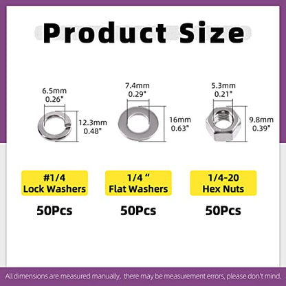 Swpeet 150Pcs SAE 304 Stainless Steel 1/4-20" Hex Nuts and #1/4 Flat Washers with #1/4 Split Lock Washers Assortment Kit, Coarse Thread Hexagon Nut for Home Automotive Shop Use - size: #1/4-20 Hex Nuts & Washers