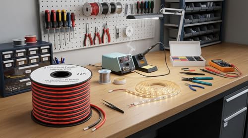EvZ 22 AWG Silicone Wire, 33ft 22 Gauge 2 Conductor Parallel Wire, Ultra Flexible Tinned Copper 2 Pin Red Black Hookup Wire, High Temp 200°C 600V Electric Cable for LED Strips, RC, DIY Projects - size: 22AWG