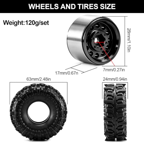 1.0" Beadlock Aluminum Wheels and 63mm Soft Rubber Tires | for SCX24, TRX4M, Ascent 18, FCX24, 1/18 1/24 RC Crawler, 7mm Hex, 0mm Offset, with Foam Inserts, (Black) - color: Black