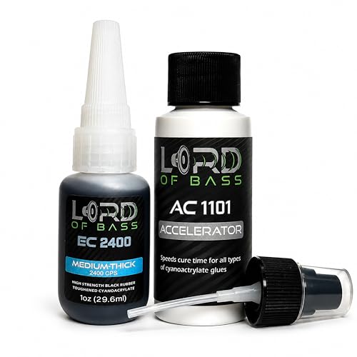 Lord of Bass CA Glue Kit with Activator, 1oz, Black Rubber Toughened, Medium-Thick 2400 CPS, for Speaker Repair, RC Tire, Woodturning, Hobby, Made in USA
