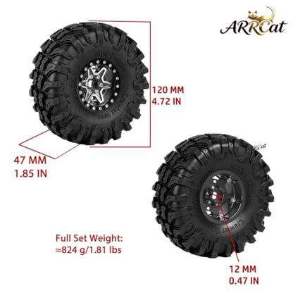 1.9 Beadlock Wheels Tires for 1/10 TRX4 TRX6 SCX10 SCX10 II 90046 SCX10 III AXI03007 SCX10 Pro Gen7/8 D90 VS4-10 MST CFX RC Crawler Car,RC Aluminium 1.9 Heavy Duty Rims and Rubber Tires,Black