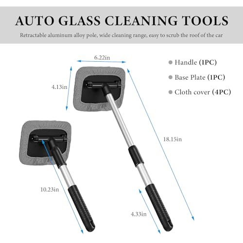 Car Windshield Cleaner Tool, Detachable Car Window Cleaner with Aluminum Extendable Handle & 2 Reusable Cloth Pads, Washable Vehicle Windshield Cleaning Wand for Exterior (Gray) - color: Gray