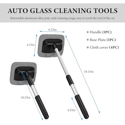 Car Windshield Cleaner Tool, Detachable Car Window Cleaner with Aluminum Extendable Handle & 2 Reusable Cloth Pads, Washable Vehicle Windshield Cleaning Wand for Exterior (Gray) - color: Gray