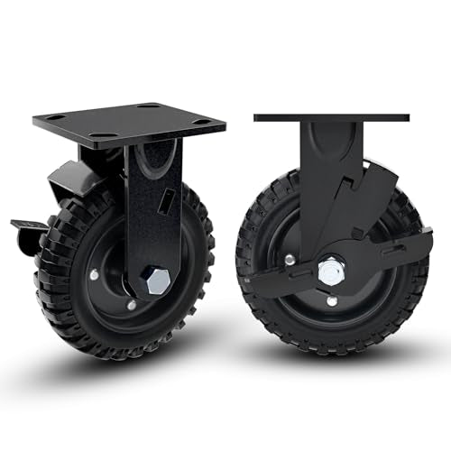 6 Inch Rigid Heavy Duty Caster Wheel with Brake, Set of 2 | All-Terrain, Alloy Bracket, 850 Lbs Capacity, Solid Rubber Tires, Flat Free, for Carts, Workbench, Warehouse, DIY Tools - size: 6 Inch