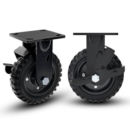 6 Inch Rigid Heavy Duty Caster Wheel with Brake, Set of 2 | All-Terrain, Alloy Bracket, 850 Lbs Capacity, Solid Rubber Tires, Flat Free, for Carts, Workbench, Warehouse, DIY Tools - size: 6 Inch