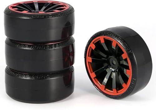 Hard Plastic 63mm Drift Car Tyres 12mm Wheels for 1/10th Scale HSP Tamiya HPI Kyosho TT02 Road Drift Car Hard Tyre Replacement, Set of 4 (Black/Red) - color: Black/Red