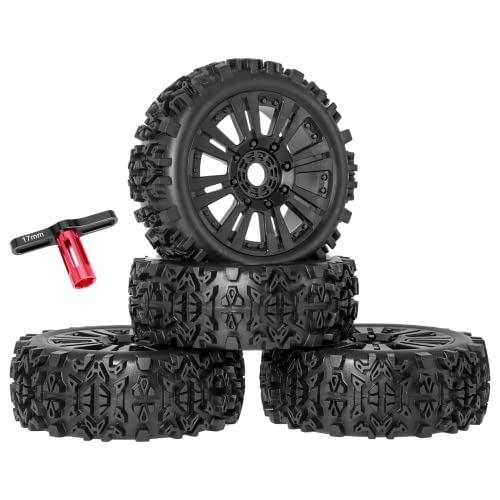 1/8 Scale RC Buggy Tires 17mm Hex RC Wheels and Tires PreGlued 17mm Hex 1/8 RC Buggy Tires and Wheels with Foam Inserts, for Arrma Typhon 6S 3S Talion 6S, Team Losi 8IGHT, HPI 4PCS - color: Black With Rc Wrench