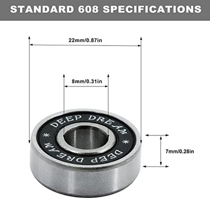 Premium 20Pcs 608rs Bearings Skateboard Bearings Longboard Bearings (8x22x7mm) for Skate Double Rubber Sealed Deep Groove - size: 608-2rs-black