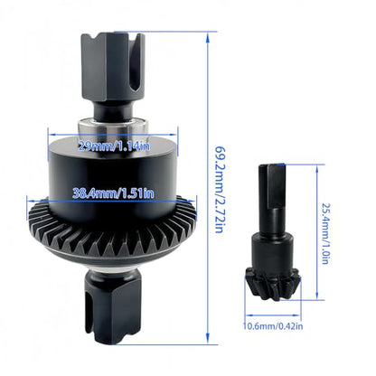 43T Steel Differential Ring Gear & 10T Pinion Gear Upgrade for 1/7–1/8 RC Cars, Hardened Steel Diff Assembly with Reinforced Output Shafts (Black)