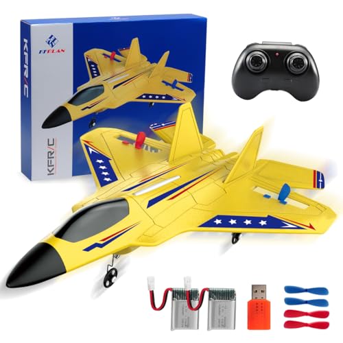 ANTSIR F22 RC Plane Easy to Fly Foam Jet Toy Gift for Kids Beginner, Yellow | 2.4GHz, 2CH, Gyro Stabilizer, LED Light, 2 Rechargeable Batteries, Boys 1th RC Glider - color: Yellow F22-2 Batteries Kf