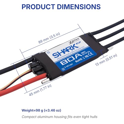 ZTW Shark G2 80A ESC 2-6S Built-in Swithcing BEC 5V/6V 8A Water-Cooling Bidirectional Waterproof Brushless Speed Controller for RC Boat Marine - size: 80A