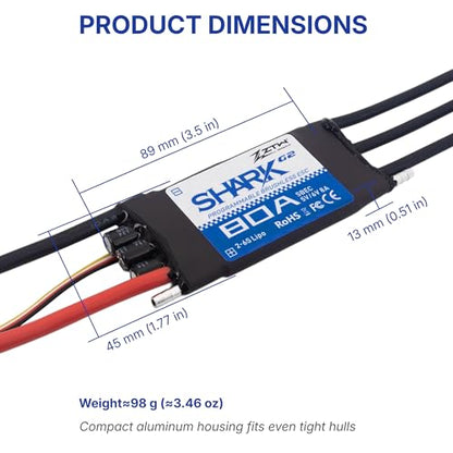 ZTW Shark G2 80A ESC 2-6S Built-in Swithcing BEC 5V/6V 8A Water-Cooling Bidirectional Waterproof Brushless Speed Controller for RC Boat Marine - size: 80A