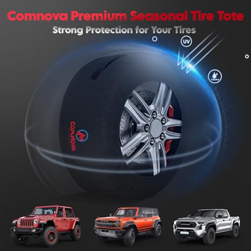 Comnova Seasonal Tire Totes 4 Pack - 600D Spare Tire Cover with Handle, Waterproof Heavy Duty Fade-Resistant Tire Storage Bag, Fits Tire Diameters 22" - 31", Black