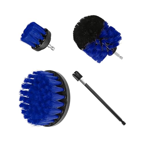 4PCS Drill Brush Attachment Kit with Extension Rod, Blue | PP bristles with steel shafts, three brush sizes, quick-change extension rod, follows curved surfaces, compact storage - color: Blue