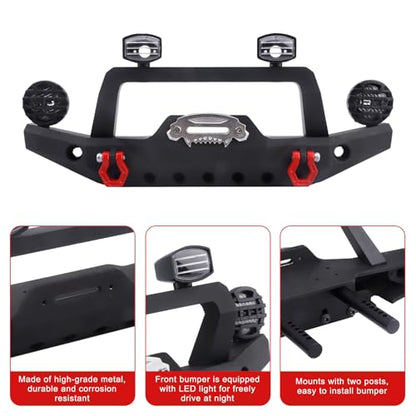 1/10 RC Crawler Metal Front Bumper Set with Winch & 5mm White LED Lights, Compatible with TRX-4, Axial SCX10 II 90046 / SCX10 III AXI03007, Redcat Gen 7 - style: Front Bumper