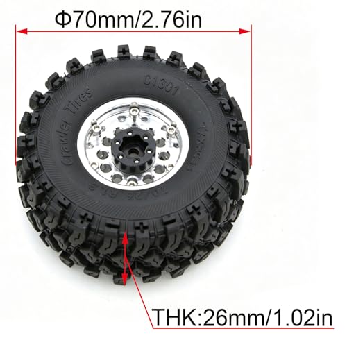 Brass 1.3 Beadlock Wheel Tires Set Sticky Soft Tires 70 * 26mm for Axial SCX24 AX24 TRX4M FCX24 Upgrade 1/24 1/18 RC Crawler Car (Silver) YK - color: Silver