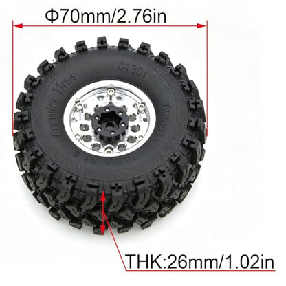 Brass 1.3 Beadlock Wheel Tires Set Sticky Soft Tires 70 * 26mm for Axial SCX24 AX24 TRX4M FCX24 Upgrade 1/24 1/18 RC Crawler Car (Silver) YK - color: Silver