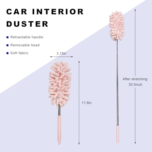 2PCS Car Interior Duster with Extension Pole, 11.8" to 30.5" Retractable Duster Washable Long Handle Cleaning Tool, Soft Chenille Detailing Brush for Auto Dash Vent Window (Light Pink) - color: Light Pink
